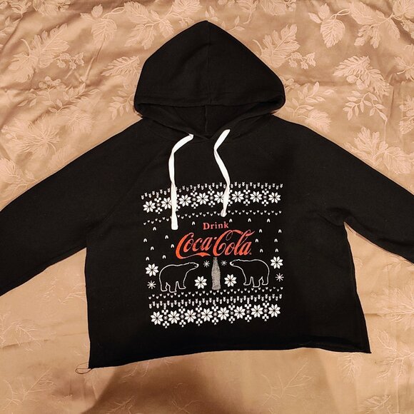 Coca Cola Black Snow Flake Winter Polar Bear Crop Hoodie, Size M, Like New! - Picture 2 of 5